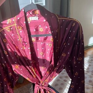 Free People Burgundy Floral Robe with Yellow Piping